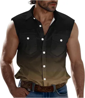 Cambkatl Men's Summer Fashion Gradient Button Down Shirt Sleeveless Casual Lapel Workout Tank Top Beach Shirts