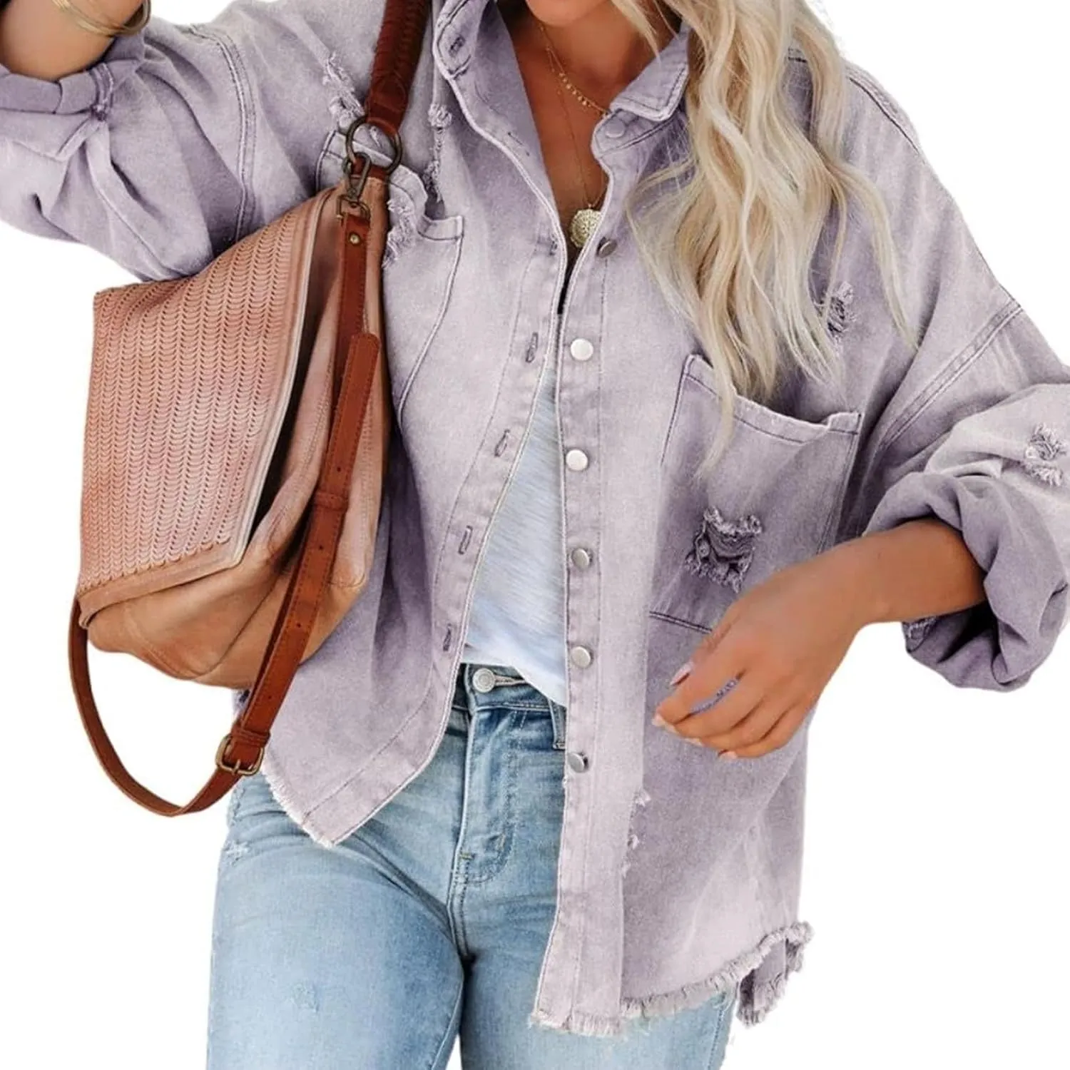Canbebig Womens Jean Jackets Oversized Button Down Denim Jackets Frayed Hem Jean Jackets Casual Trucker Jackets with Pockets