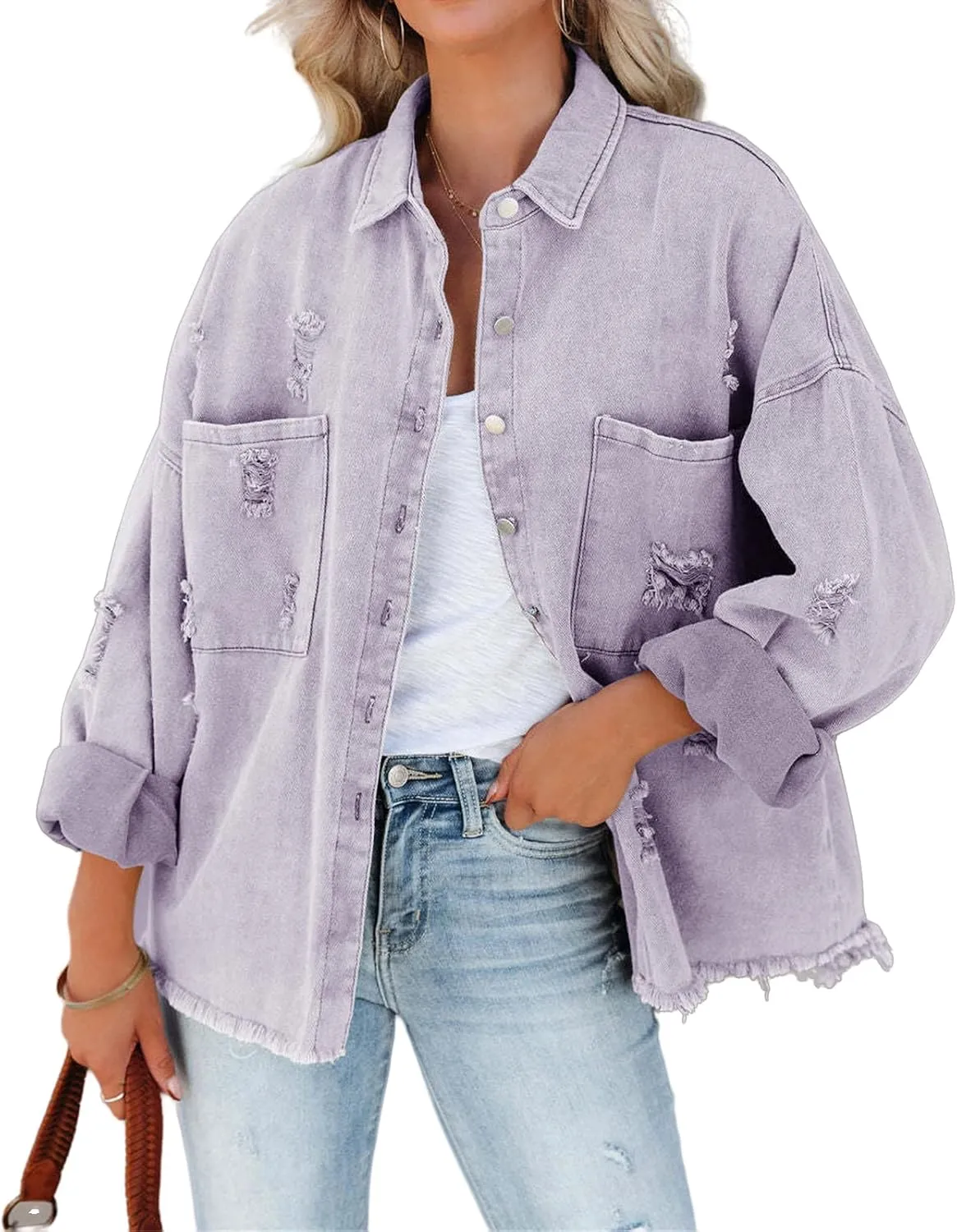Canbebig Womens Jean Jackets Oversized Button Down Denim Jackets Frayed Hem Jean Jackets Casual Trucker Jackets with Pockets
