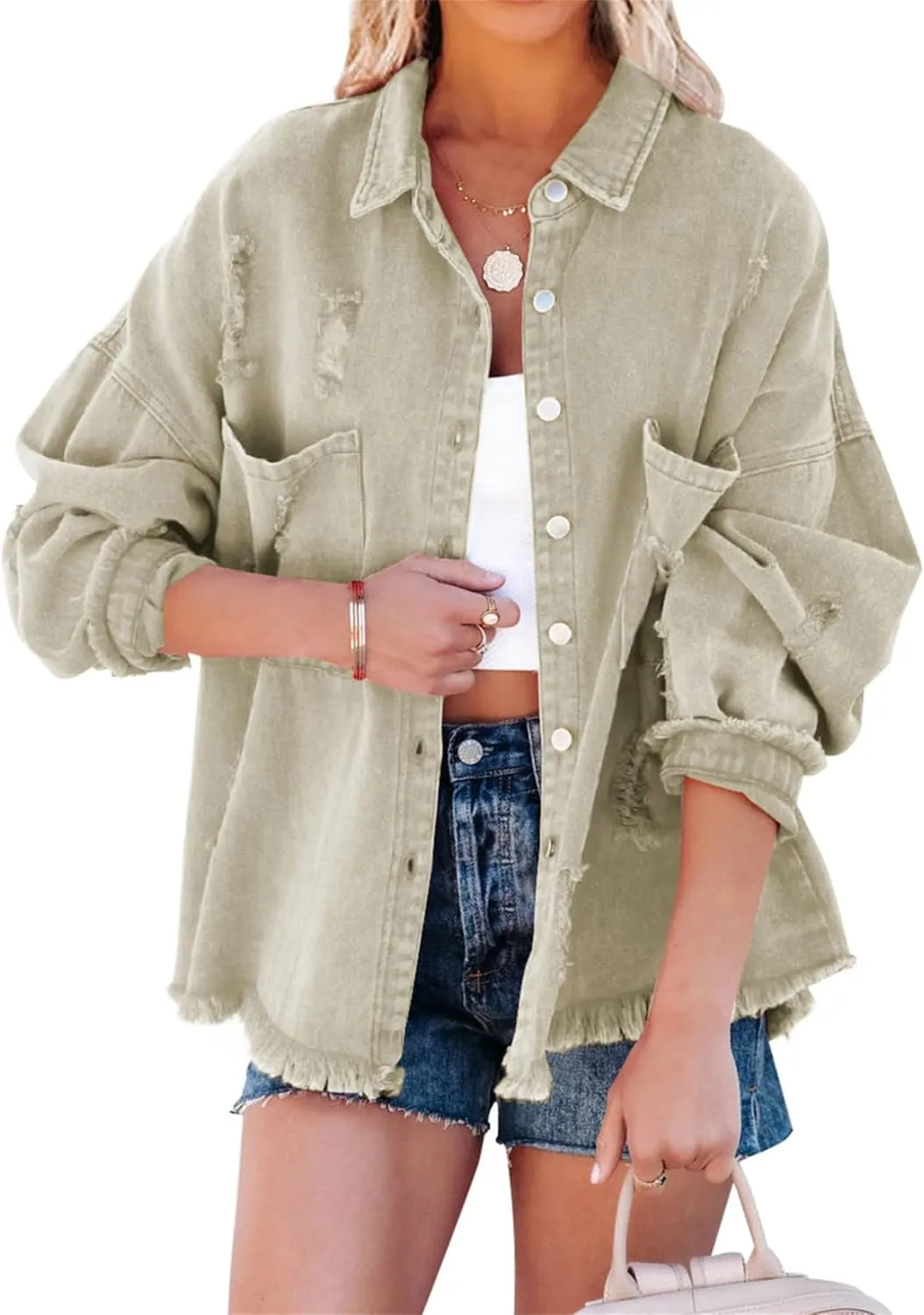 Canbebig Womens Jean Jackets Oversized Button Down Denim Jackets Frayed Hem Jean Jackets Casual Trucker Jackets with Pockets