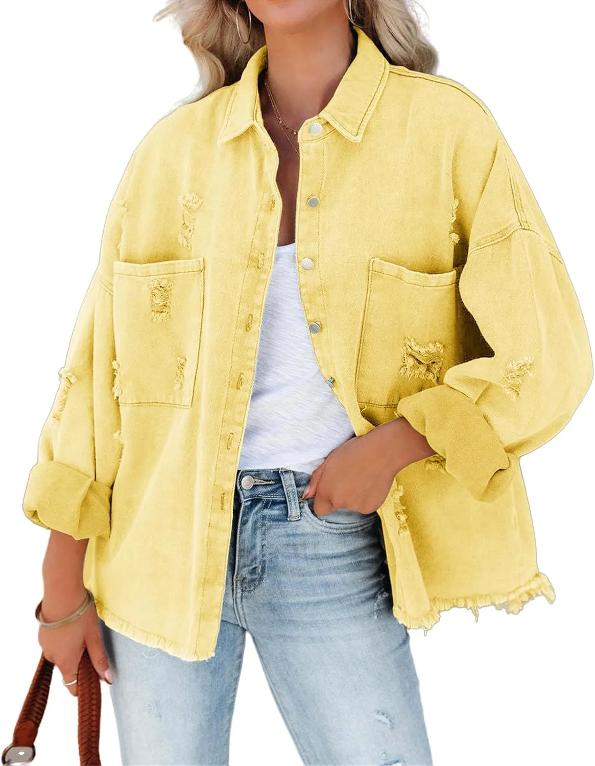 Canbebig Womens Jean Jackets Oversized Button Down Denim Jackets Frayed Hem Jean Jackets Casual Trucker Jackets with Pockets