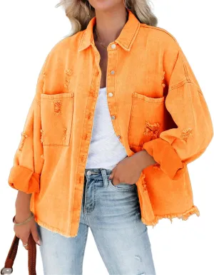 Canbebig Womens Jean Jackets Oversized Button Down Denim Jackets Frayed Hem Jean Jackets Casual Trucker Jackets with Pockets