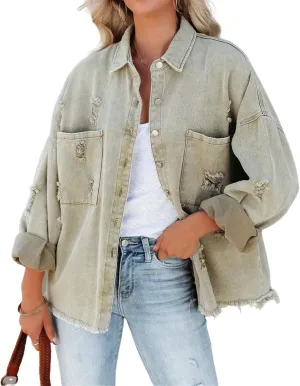 Canbebig Womens Jean Jackets Oversized Button Down Denim Jackets Frayed Hem Jean Jackets Casual Trucker Jackets with Pockets
