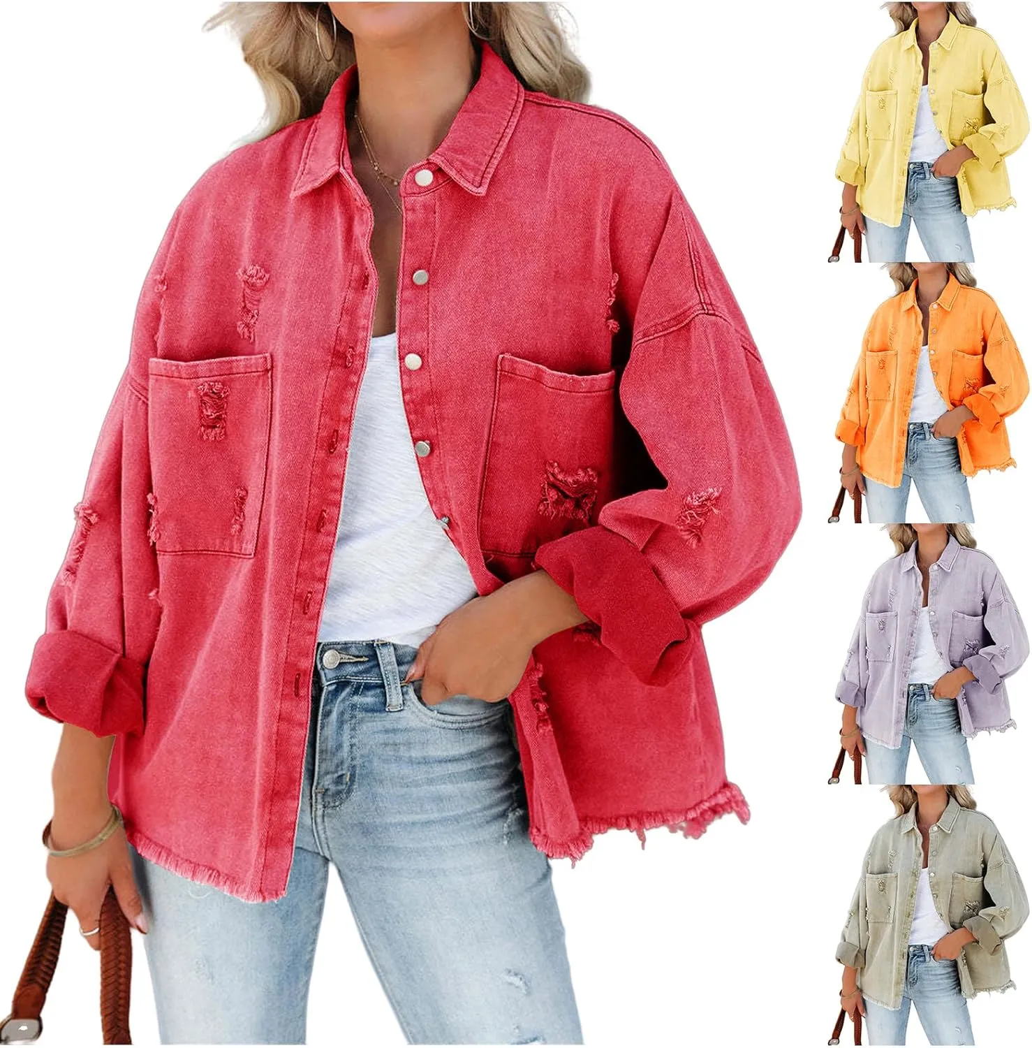 Canbebig Womens Jean Jackets Oversized Button Down Denim Jackets Frayed Hem Jean Jackets Casual Trucker Jackets with Pockets