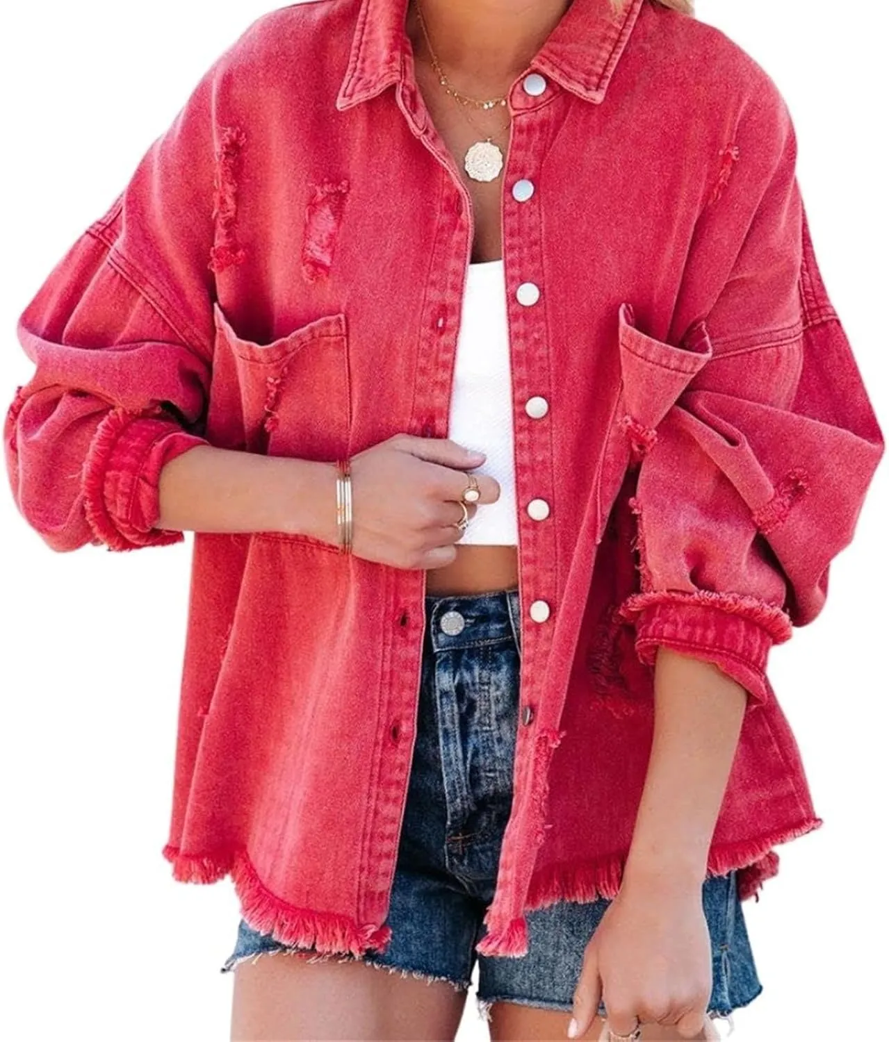 Canbebig Womens Jean Jackets Oversized Button Down Denim Jackets Frayed Hem Jean Jackets Casual Trucker Jackets with Pockets