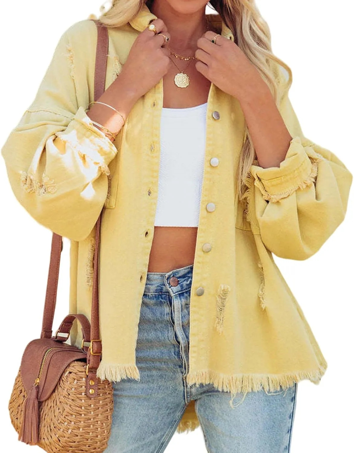 Canbebig Womens Jean Jackets Oversized Button Down Denim Jackets Frayed Hem Jean Jackets Casual Trucker Jackets with Pockets