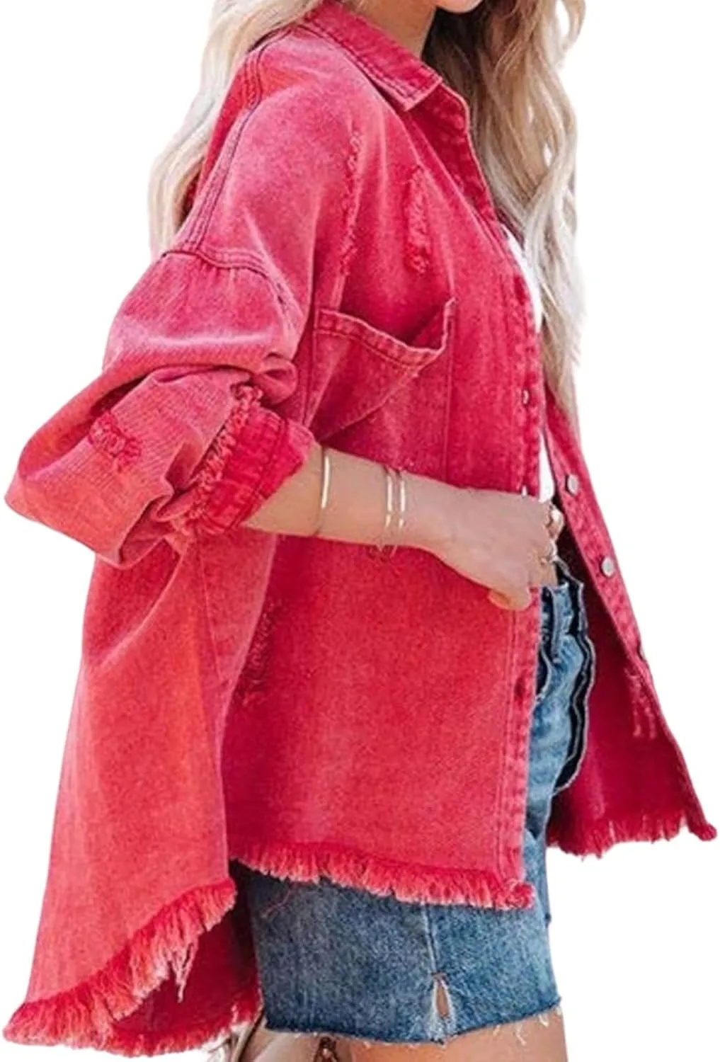 Canbebig Womens Jean Jackets Oversized Button Down Denim Jackets Frayed Hem Jean Jackets Casual Trucker Jackets with Pockets