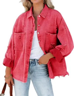 Canbebig Womens Jean Jackets Oversized Button Down Denim Jackets Frayed Hem Jean Jackets Casual Trucker Jackets with Pockets