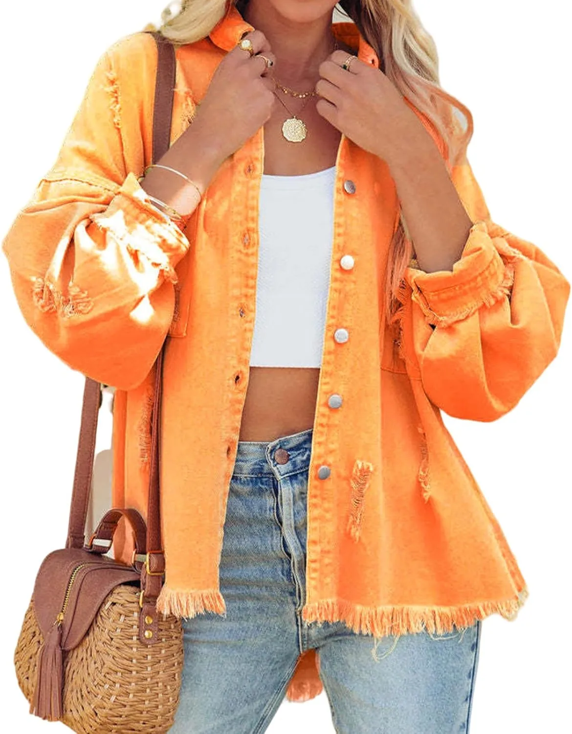 Canbebig Womens Jean Jackets Oversized Button Down Denim Jackets Frayed Hem Jean Jackets Casual Trucker Jackets with Pockets