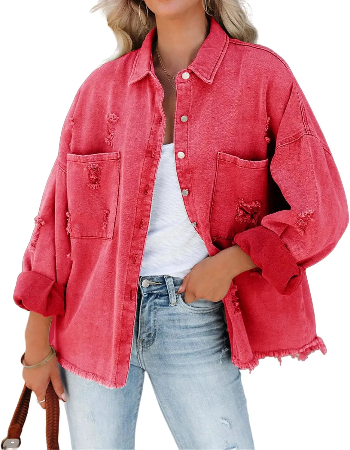 Canbebig Womens Jean Jackets Oversized Button Down Denim Jackets Frayed Hem Jean Jackets Casual Trucker Jackets with Pockets