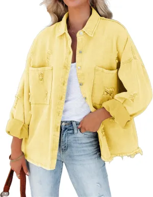 Canbebig Womens Jean Jackets Oversized Button Down Denim Jackets Frayed Hem Jean Jackets Casual Trucker Jackets with Pockets