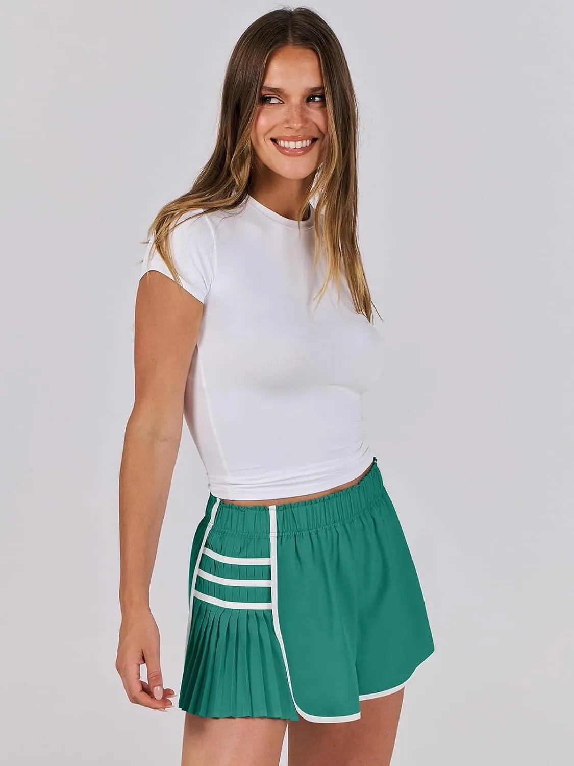 Caracilia Women Running Shorts Flowy Pleated Athletic Shorts Summer High Waisted Tennis Sporty Workout Gym Shorts