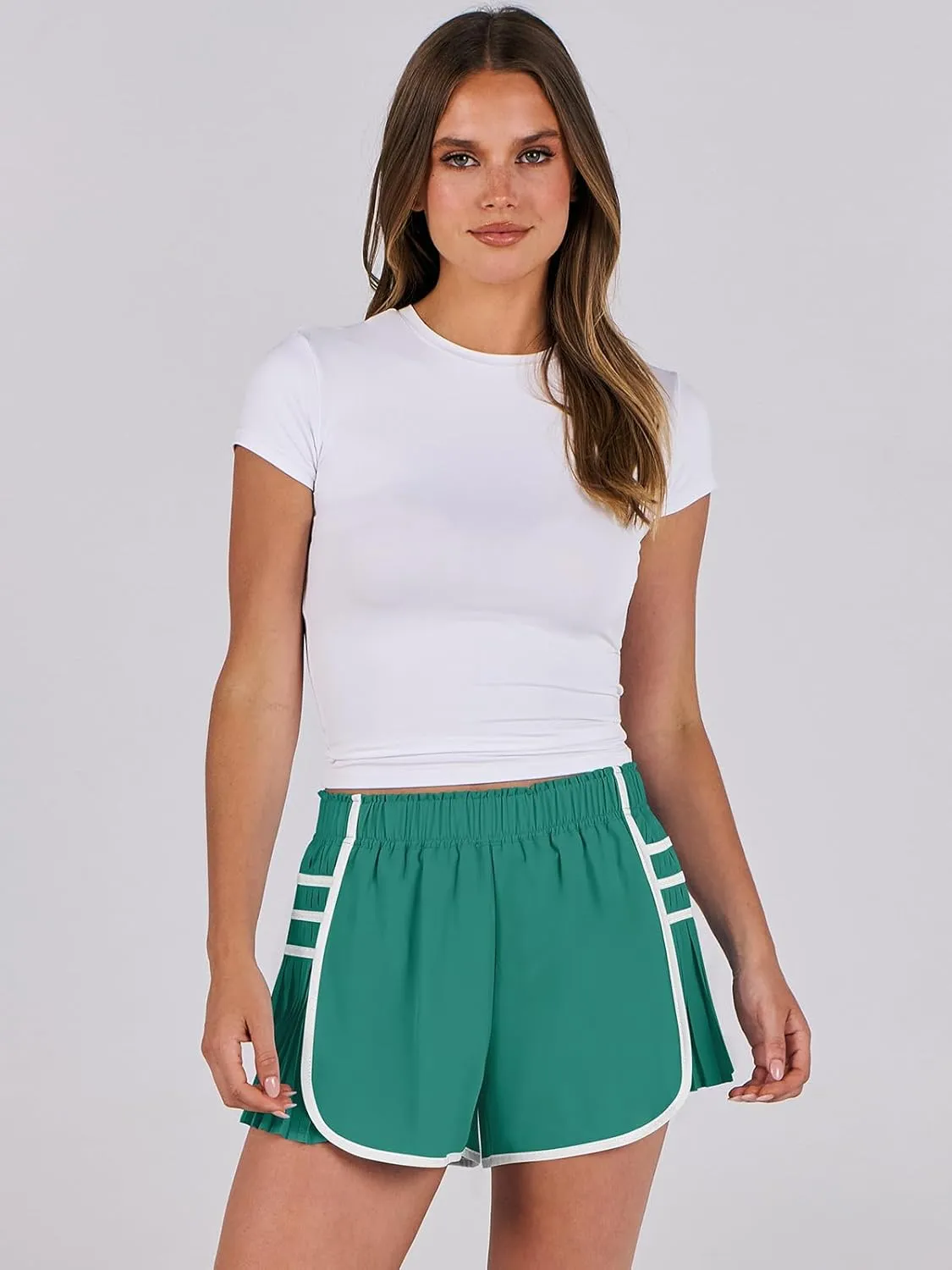 Caracilia Women Running Shorts Flowy Pleated Athletic Shorts Summer High Waisted Tennis Sporty Workout Gym Shorts