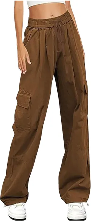 Cargo Pants for Women Casual Elastic Waist Drawstring Pants Straight Leg Comfy Y2k Trousers Streetwear with Pockets