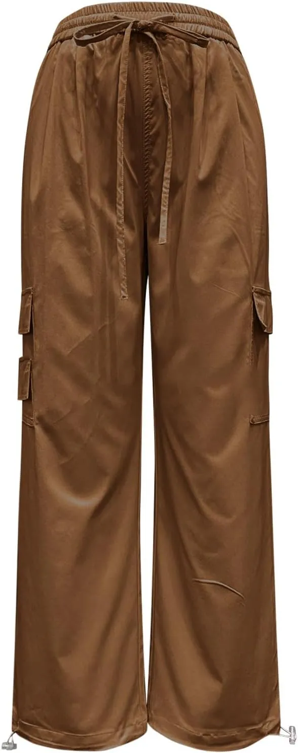 Cargo Pants for Women Casual Elastic Waist Drawstring Pants Straight Leg Comfy Y2k Trousers Streetwear with Pockets