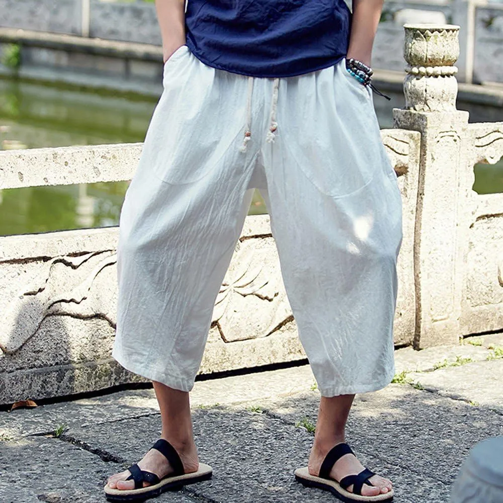 Casual Pants for Mens Linen Pants Relaxed-Fit Beach Trousers Summer Yoga Pants Drawstring Elastic Waist Pants