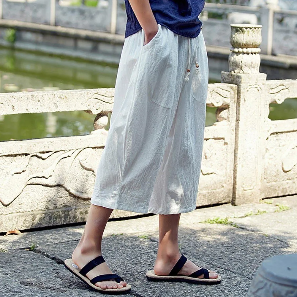 Casual Pants for Mens Linen Pants Relaxed-Fit Beach Trousers Summer Yoga Pants Drawstring Elastic Waist Pants