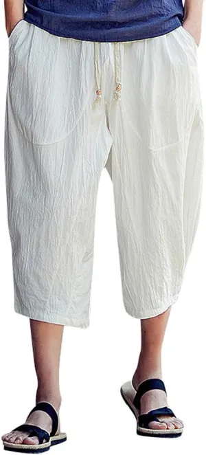 Casual Pants for Mens Linen Pants Relaxed-Fit Beach Trousers Summer Yoga Pants Drawstring Elastic Waist Pants