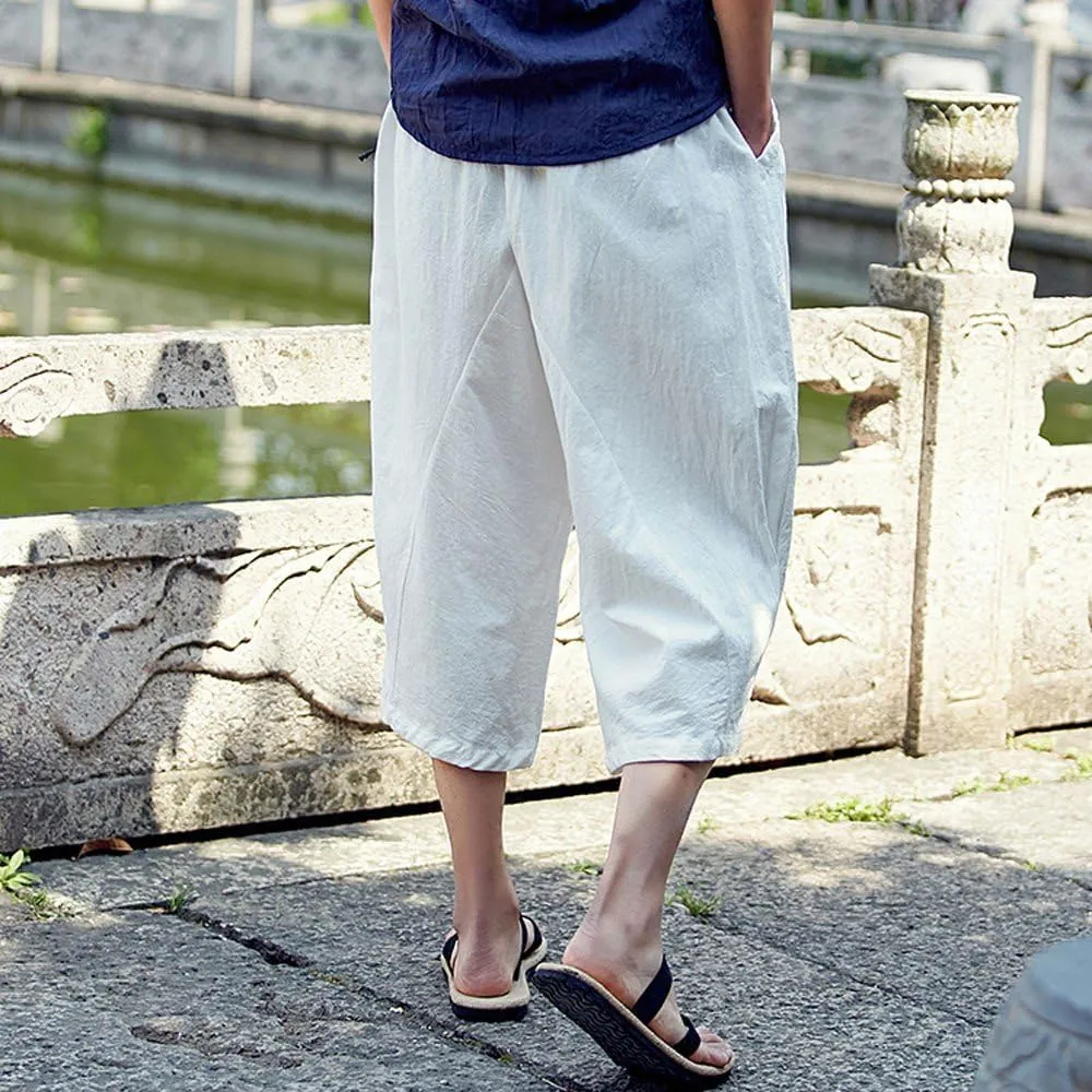 Casual Pants for Mens Linen Pants Relaxed-Fit Beach Trousers Summer Yoga Pants Drawstring Elastic Waist Pants