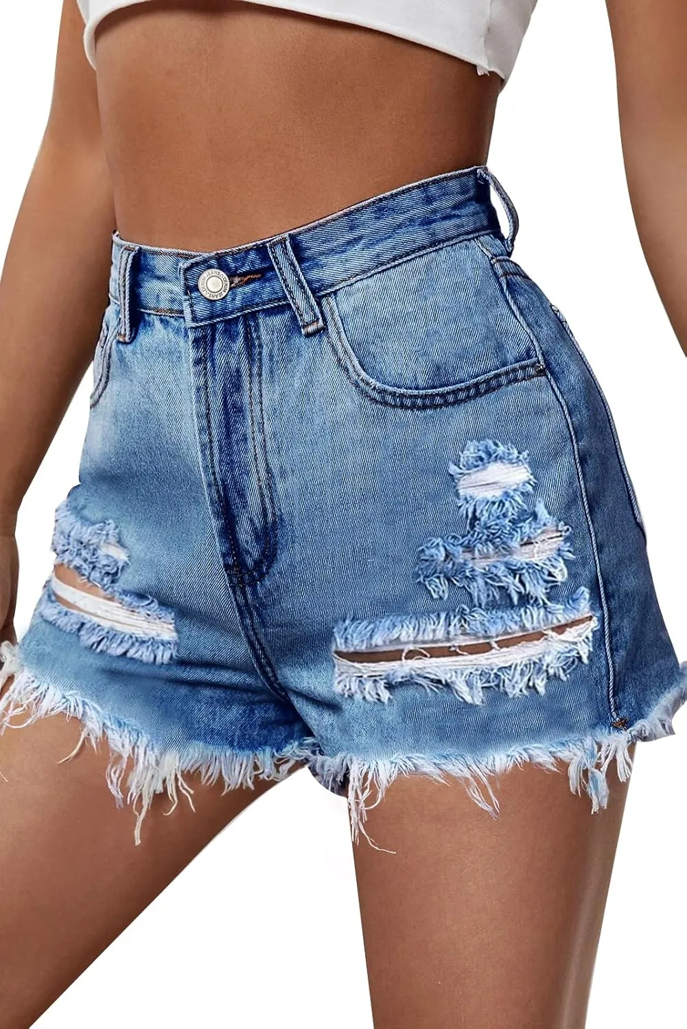 CBOO Jean Shorts High Waisted Ladies Jean Shorts Distressed Short Jeans Stretchy Blue Jean Shorts