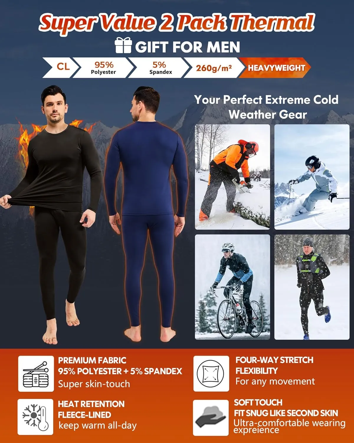CL convallaria 2 Pack Long Johns Thermal Underwear for Men Soft Fleece Lined Base Layer Cold Weather Set XS-4XL