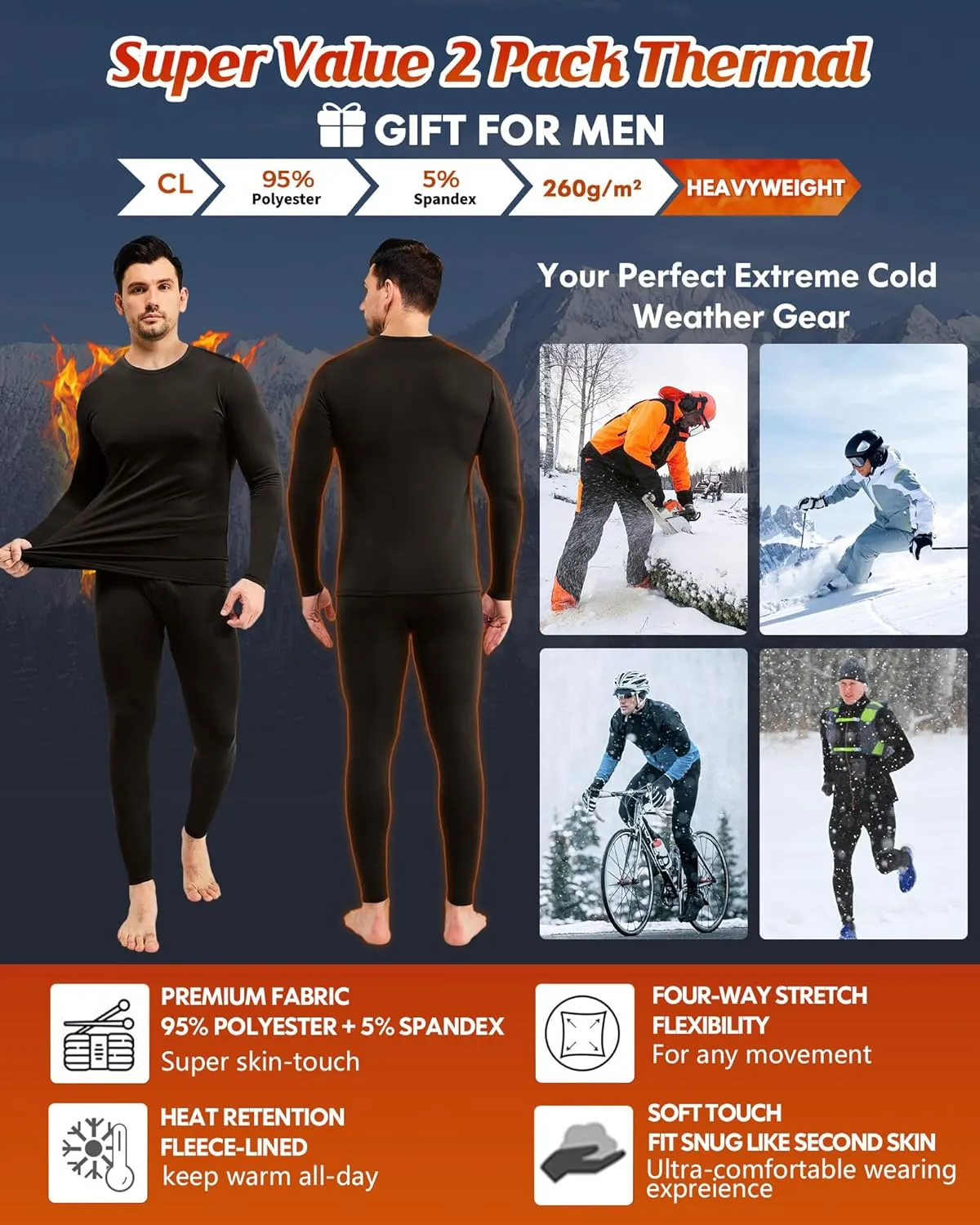 CL convallaria 2 Pack Long Johns Thermal Underwear for Men Soft Fleece Lined Base Layer Cold Weather Set XS-4XL