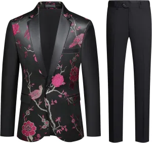 Cloudstyle Mens Suits One Button Floral Blazer 2-Piece Wedding Suits Jacket and Pants