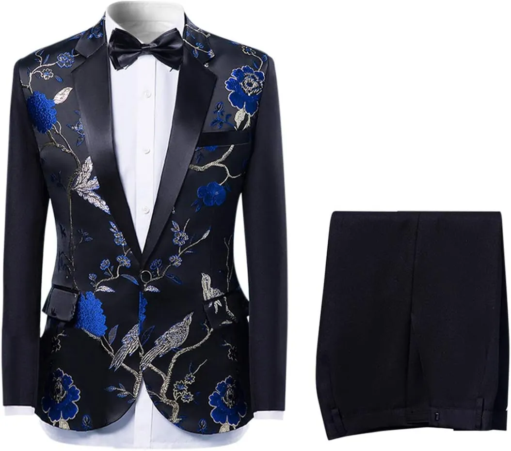 Cloudstyle Mens Suits One Button Floral Blazer 2-Piece Wedding Suits Jacket and Pants