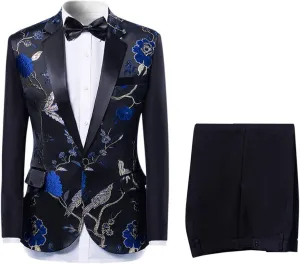 Cloudstyle Mens Suits One Button Floral Blazer 2-Piece Wedding Suits Jacket and Pants