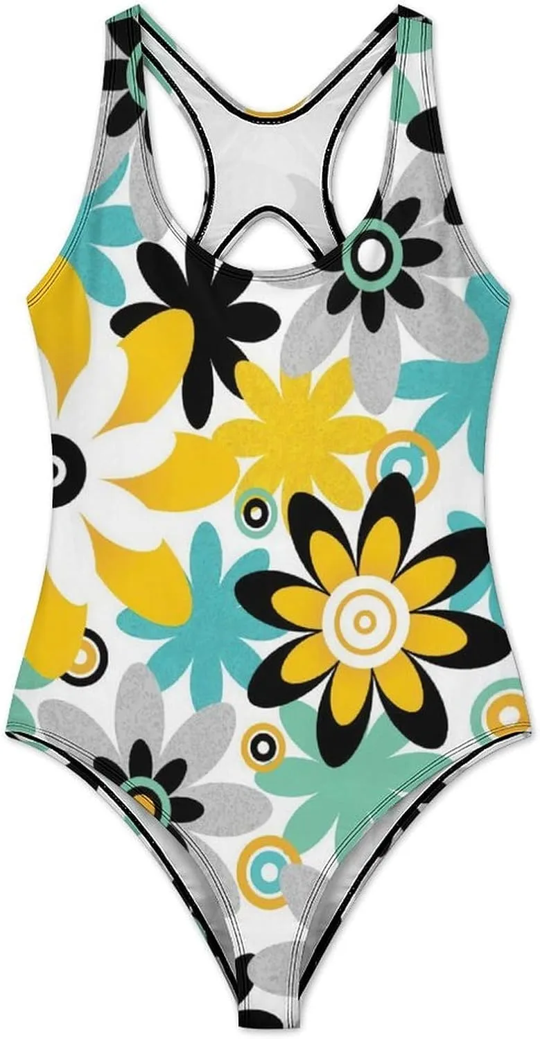 Color Floral Lady One Piece Bathing Suits Crisscross Back Scoop Neck Cute Tummy Control Bathing Suits