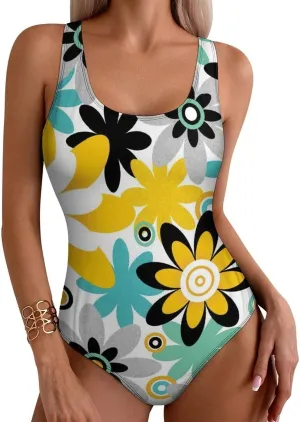 Color Floral Lady One Piece Bathing Suits Crisscross Back Scoop Neck Cute Tummy Control Bathing Suits