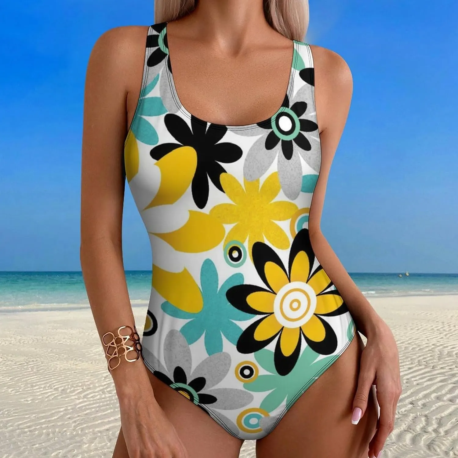 Color Floral Lady One Piece Bathing Suits Crisscross Back Scoop Neck Cute Tummy Control Bathing Suits