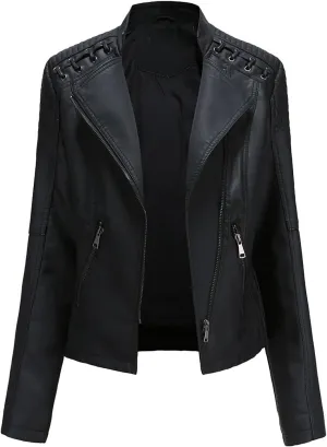 cooki Leather Jackets Womens Zip Up Moto Biker Jacket Stand Collar Casual Short Jackets Winter Bomber Jackets