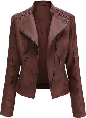 cooki Leather Jackets Womens Zip Up Moto Biker Jacket Stand Collar Casual Short Jackets Winter Bomber Jackets