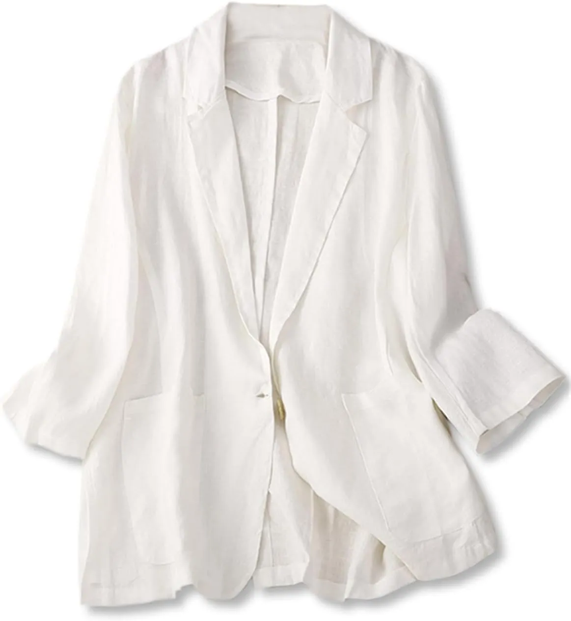 Cromoncent Women's Cotton Linen Blazer 3/4 Sleeve Button Down Casual Office Jacket