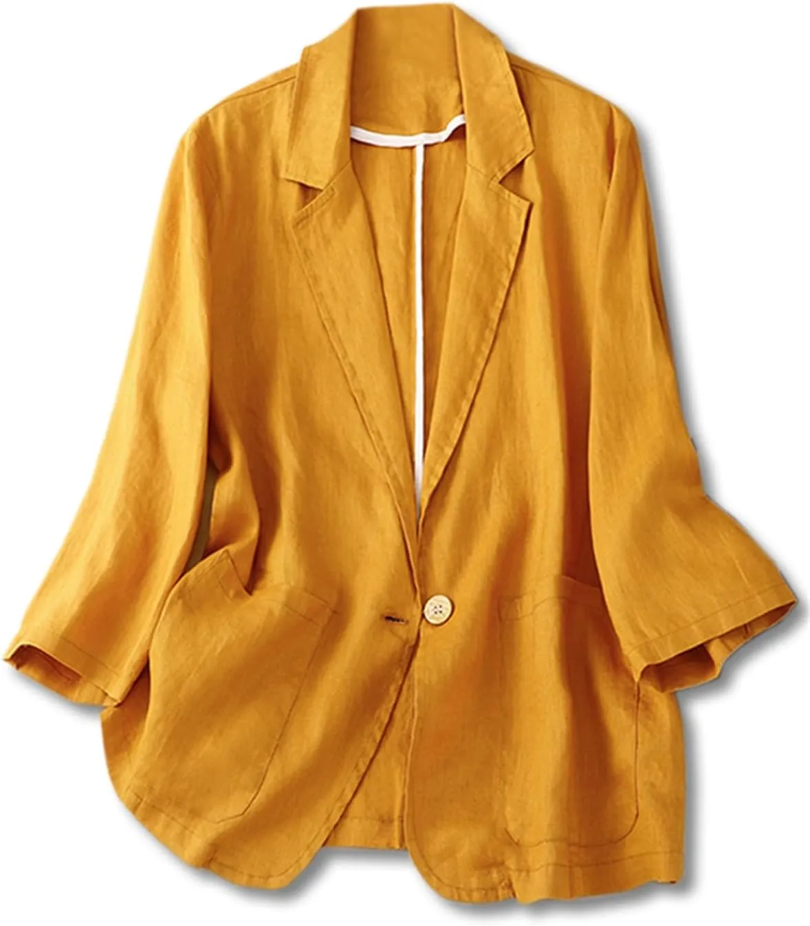 Cromoncent Women's Cotton Linen Blazer 3/4 Sleeve Button Down Casual Office Jacket