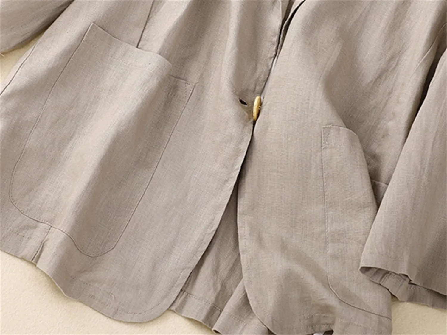 Cromoncent Women's Cotton Linen Blazer 3/4 Sleeve Button Down Casual Office Jacket