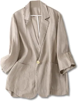 Cromoncent Women's Cotton Linen Blazer 3/4 Sleeve Button Down Casual Office Jacket