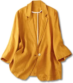 Cromoncent Women's Cotton Linen Blazer 3/4 Sleeve Button Down Casual Office Jacket