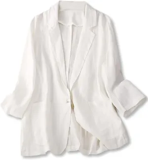 Cromoncent Women's Cotton Linen Blazer 3/4 Sleeve Button Down Casual Office Jacket