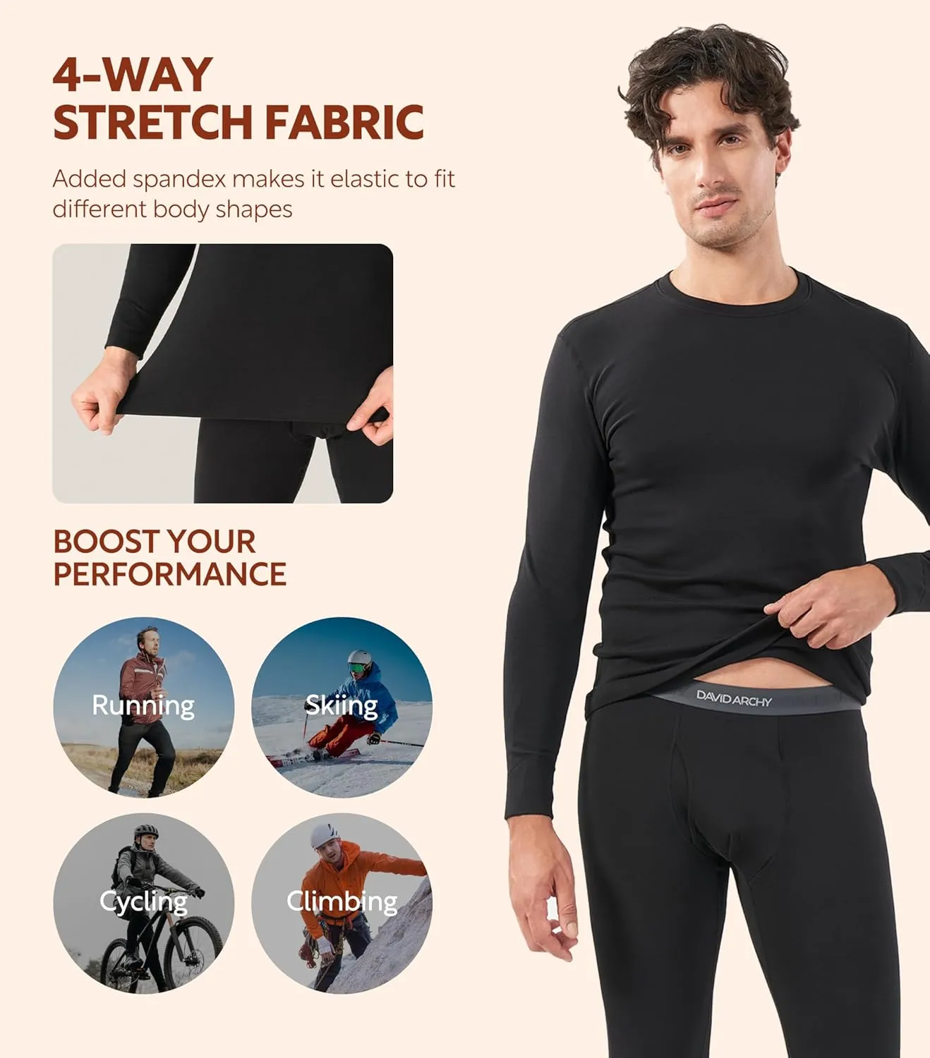 DAVID ARCHY Men’s Lightweight Thermal Underwear - Breathable Comfort for Cool Weather, Ideal for Active Use