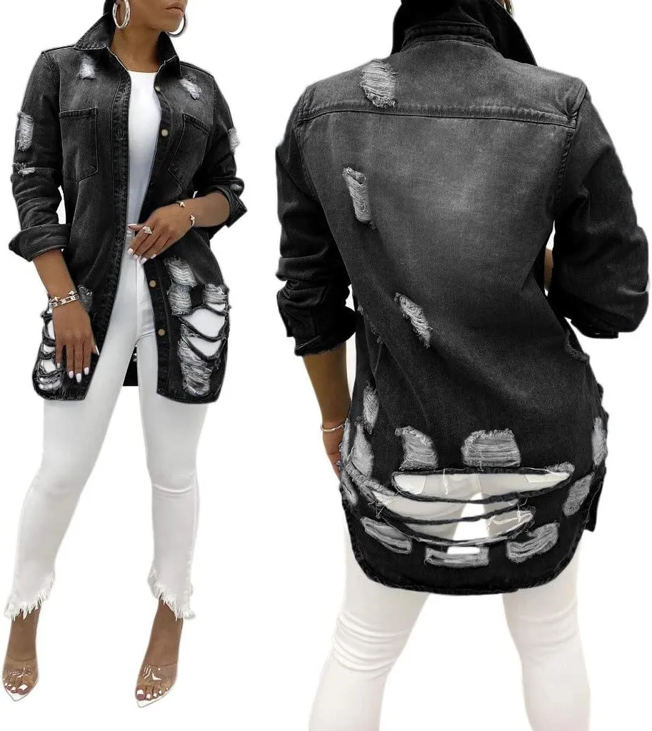 Denim Jackets Lapel Button Down Ripped Hole Jeans Motorcycle Trucker Jackets Outerwear