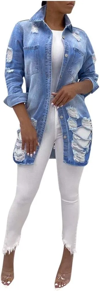 Denim Jackets Lapel Button Down Ripped Hole Jeans Motorcycle Trucker Jackets Outerwear
