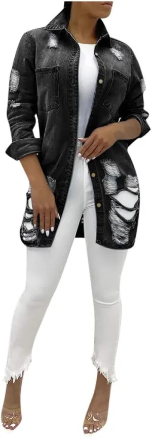 Denim Jackets Lapel Button Down Ripped Hole Jeans Motorcycle Trucker Jackets Outerwear