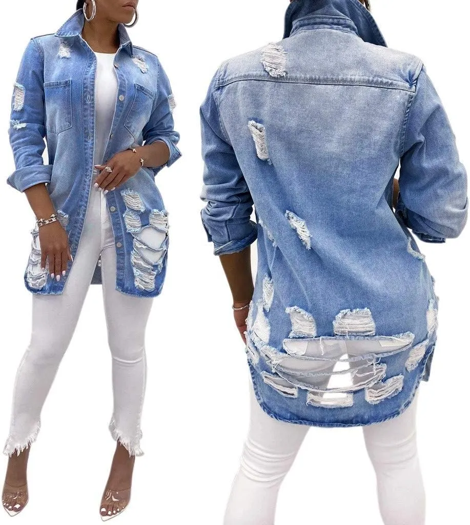 Denim Jackets Lapel Button Down Ripped Hole Jeans Motorcycle Trucker Jackets Outerwear