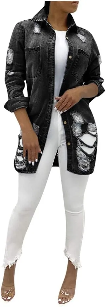 Denim Jackets Lapel Button Down Ripped Hole Jeans Motorcycle Trucker Jackets Outerwear
