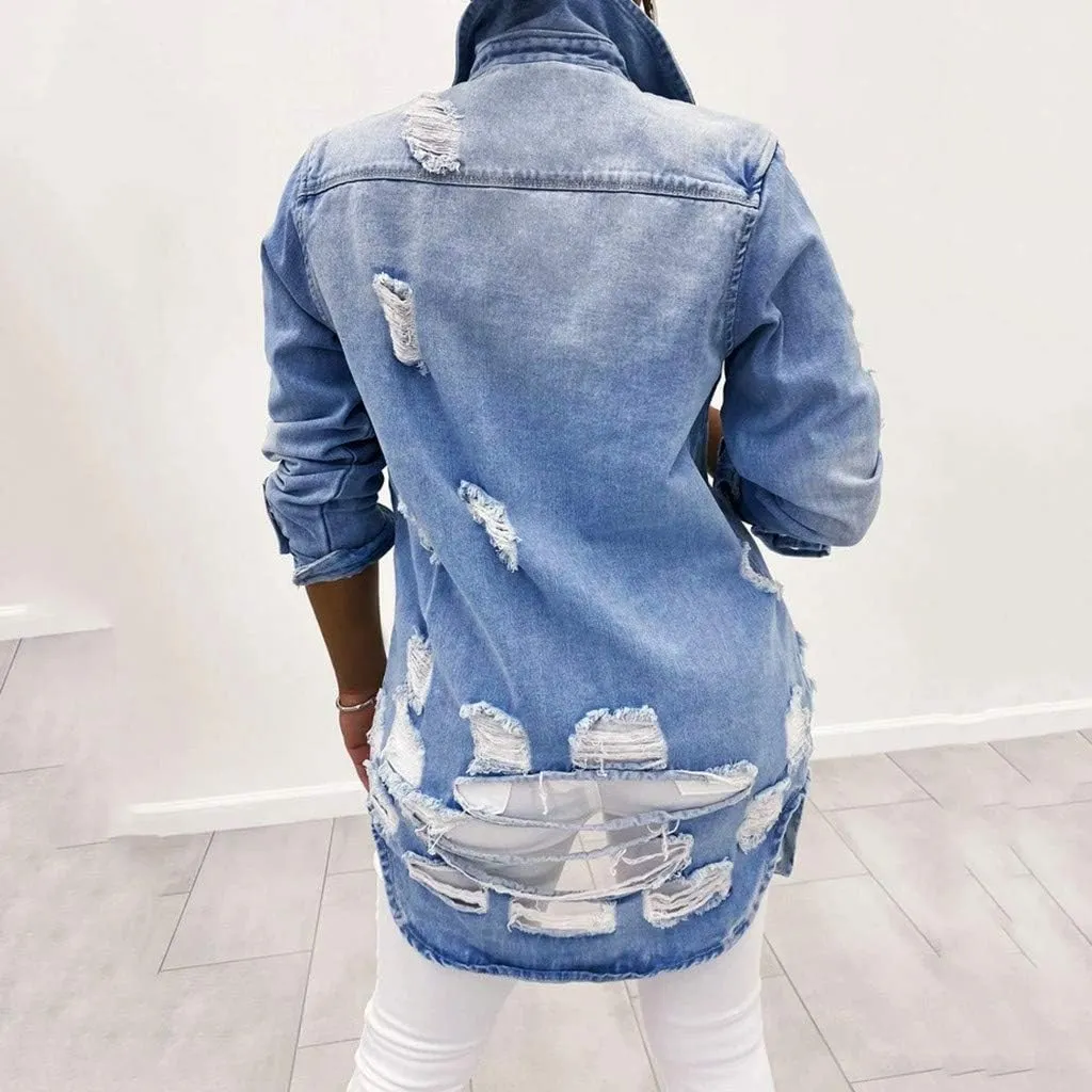 Denim Jackets Lapel Button Down Ripped Hole Jeans Motorcycle Trucker Jackets Outerwear