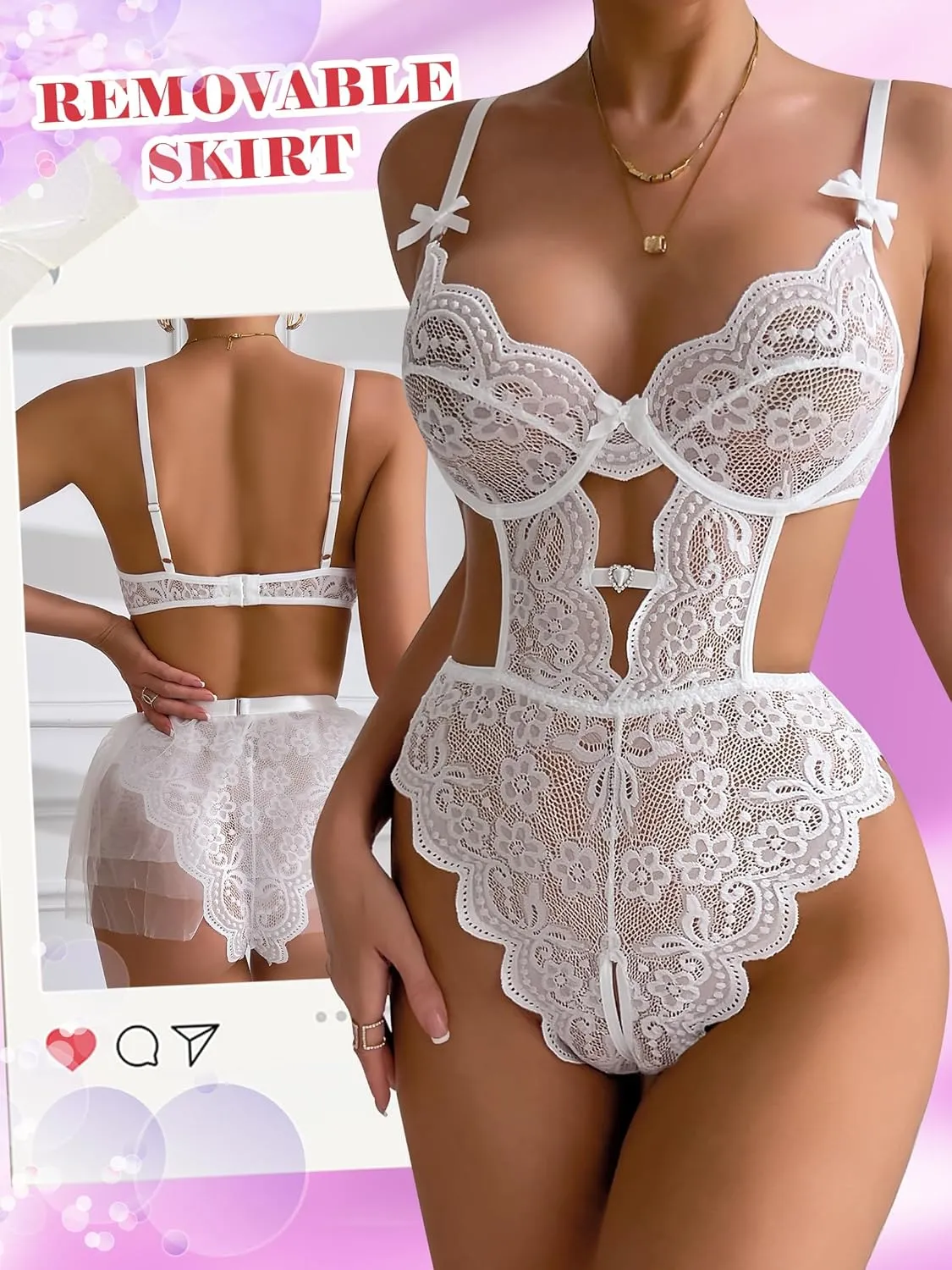 Dlsave Sexy Lingerie for Women,Lace Floral Lingerie Body suit with Removeable Mesh Skirt Push up Teddy Bridal Lingerie