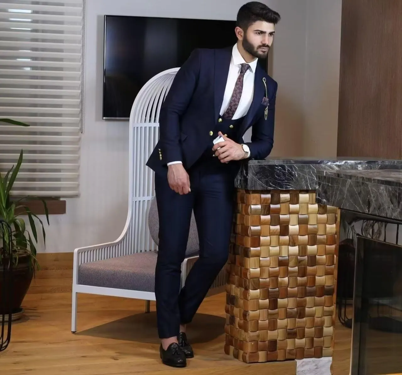 Double Breasted Men's Suits 3 Piece Slim Fit Suits Blazer Vest Pants for Wedding Party Suits Prom