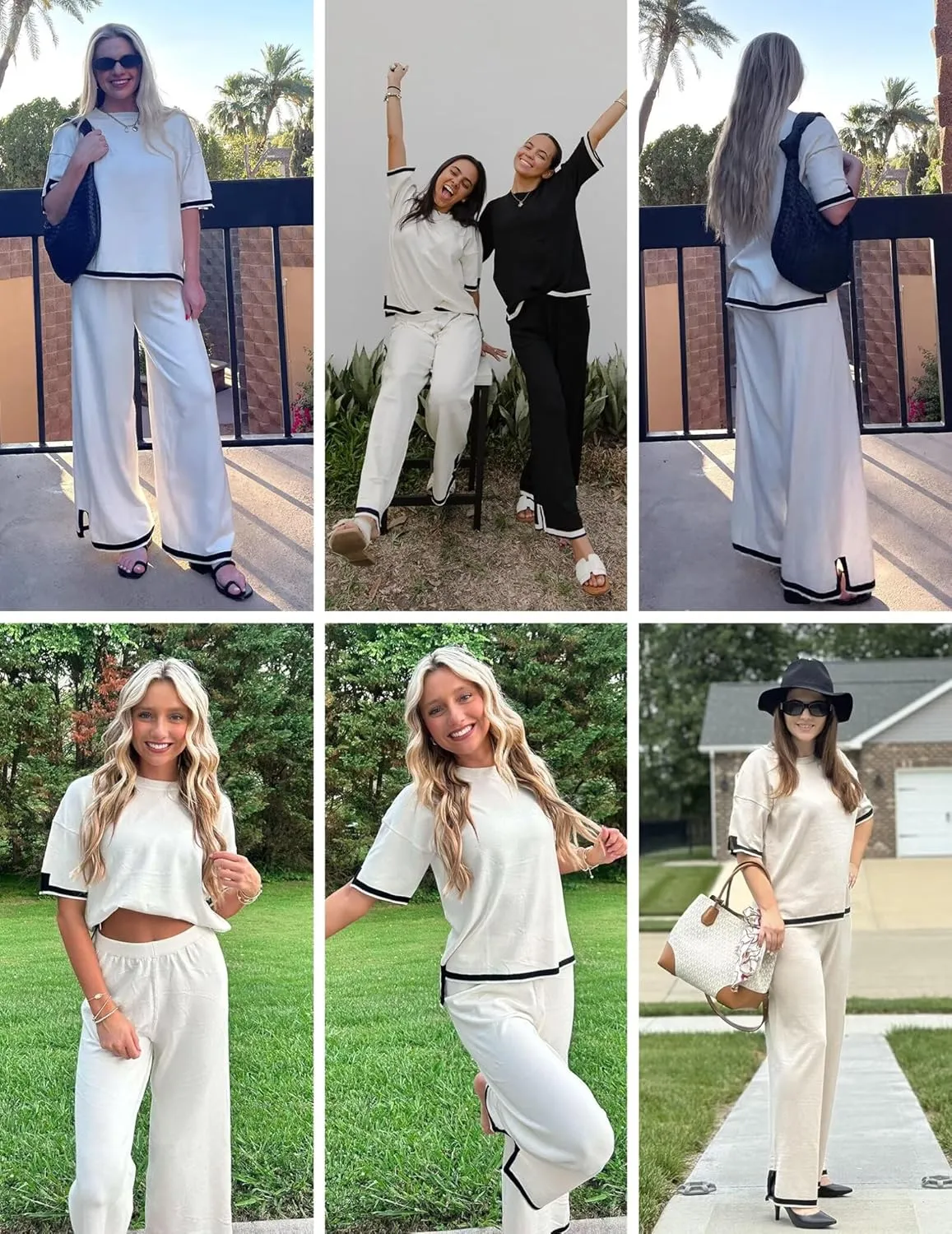 Ekouaer Lounge Set for Women Travel Outfits 2 Piece Sets Short Sleeve Sweater Top Wide Leg Long Pants Loungewear